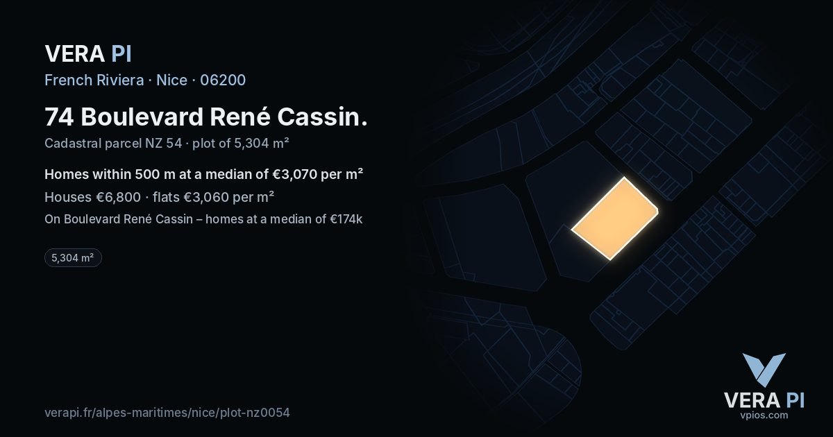 74 Boulevard René Cassin, Nice at night – the plot lit, the parcels around coloured by the prices near them