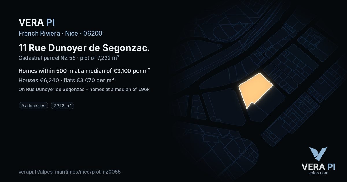 11 Rue Dunoyer de Segonzac, Nice at night – the plot lit, the parcels around coloured by the prices near them