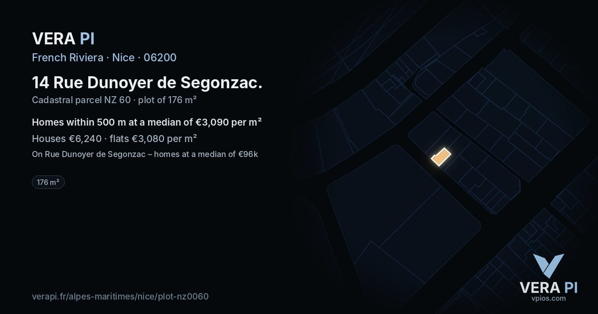 14 Rue Dunoyer de Segonzac, Nice at night – the plot lit, the parcels around coloured by the prices near them