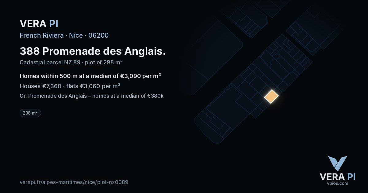 388 Promenade des Anglais, Nice at night – the plot lit, the parcels around coloured by the prices near them