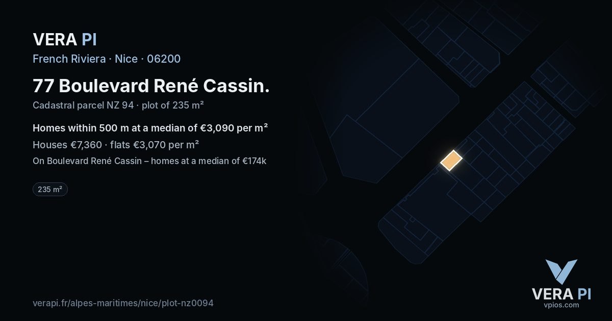 77 Boulevard René Cassin, Nice at night – the plot lit, the parcels around coloured by the prices near them