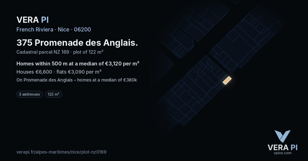 375 Promenade des Anglais, Nice at night – the plot lit, the parcels around coloured by the prices near them