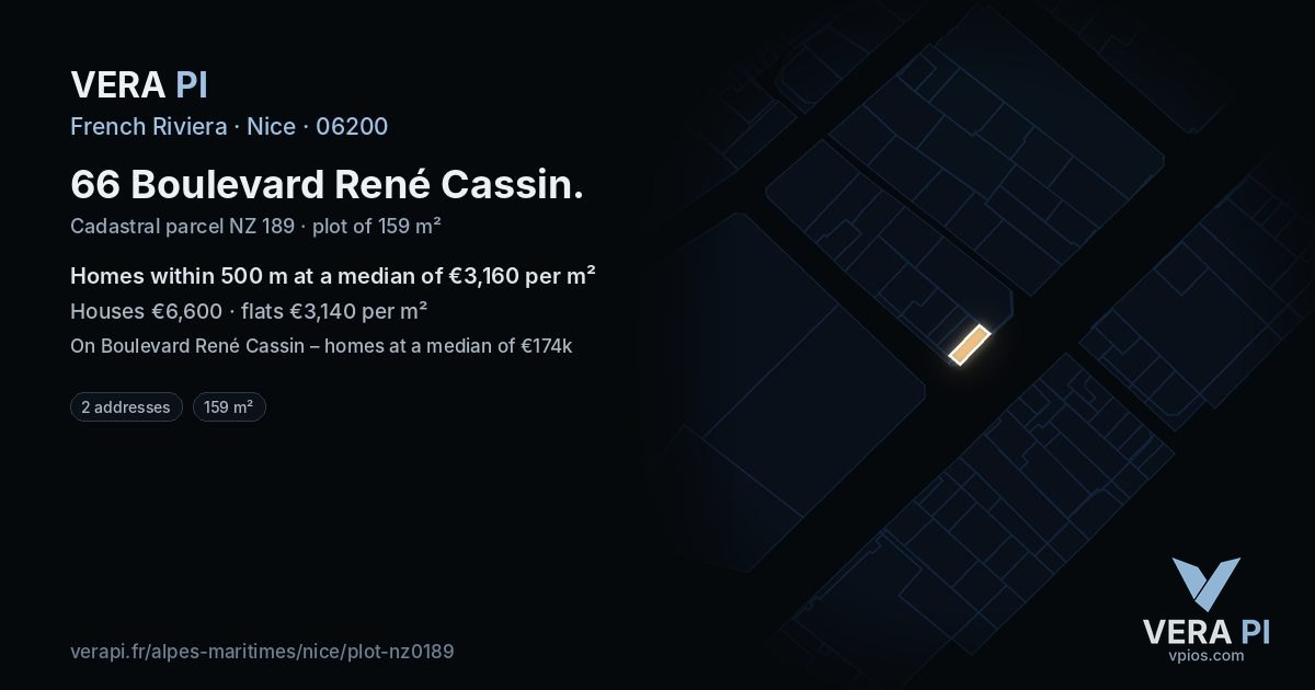 66 Boulevard René Cassin, Nice at night – the plot lit, the parcels around coloured by the prices near them