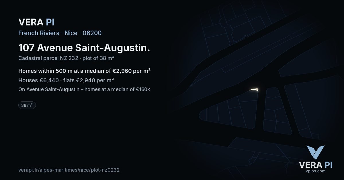 107 Avenue Saint-Augustin, Nice at night – the plot lit, the parcels around coloured by the prices near them
