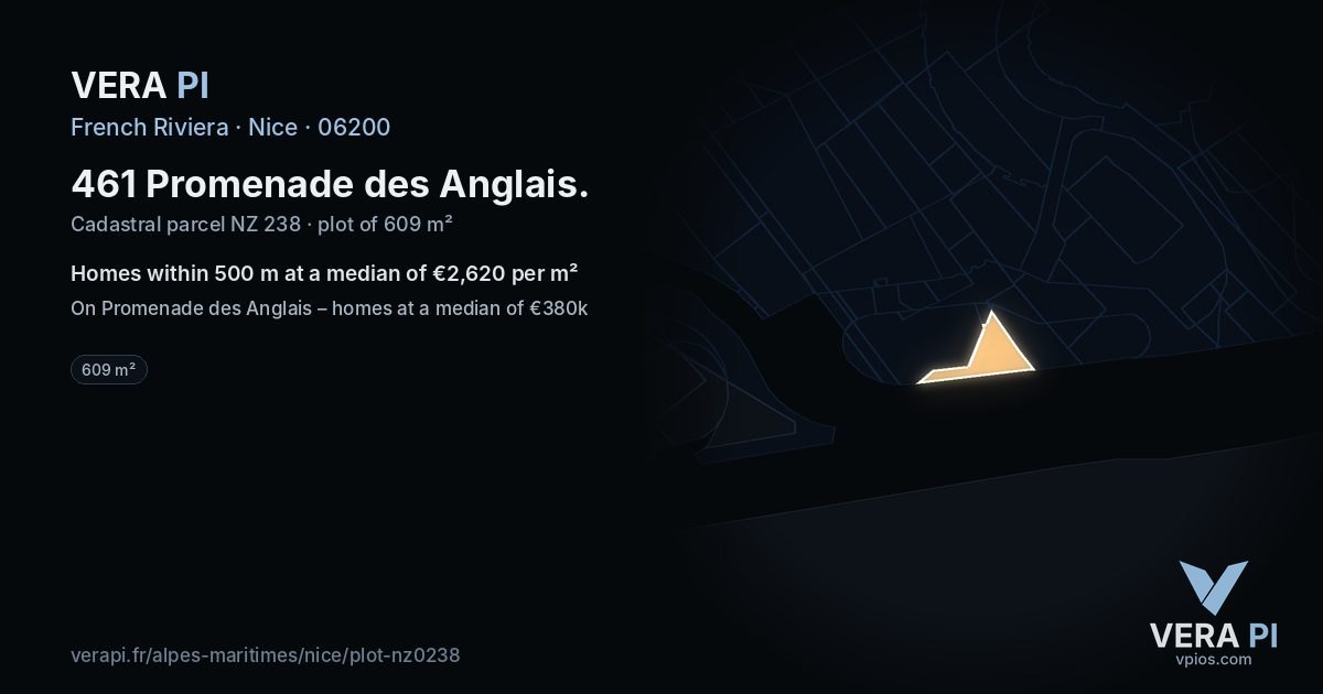 461 Promenade des Anglais, Nice at night – the plot lit, the parcels around coloured by the prices near them