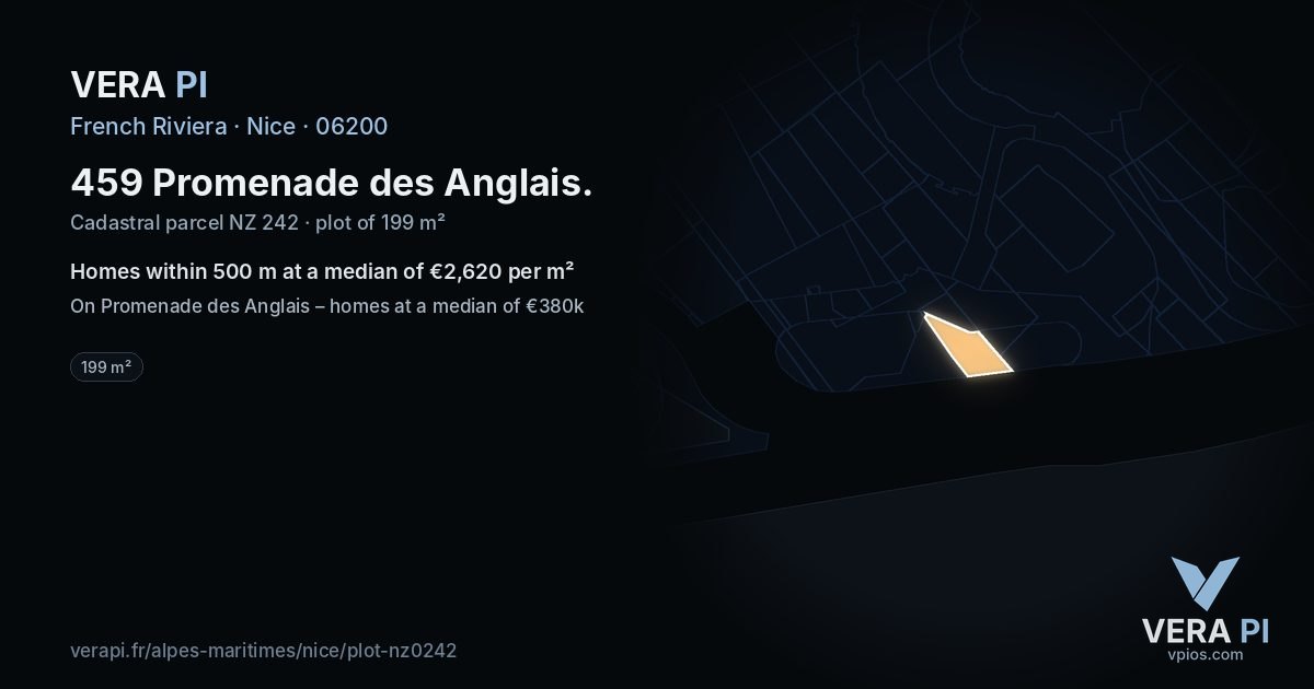 459 Promenade des Anglais, Nice at night – the plot lit, the parcels around coloured by the prices near them