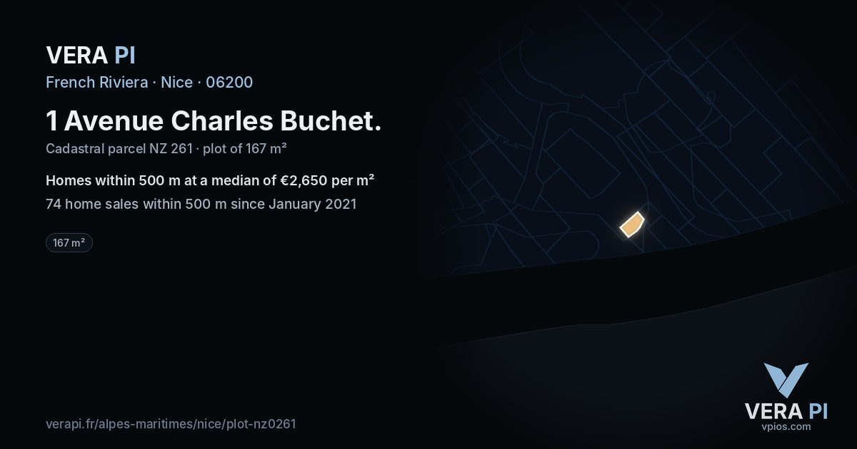 1 Avenue Charles Buchet, Nice at night – the plot lit, the parcels around coloured by the prices near them