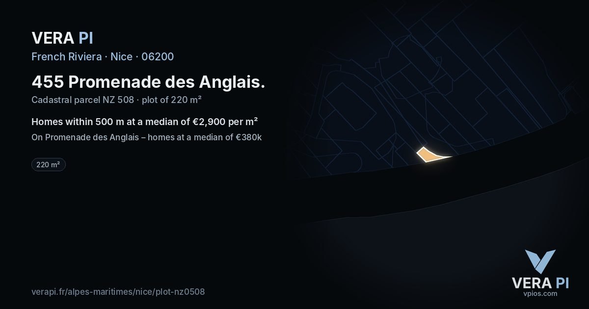455 Promenade des Anglais, Nice at night – the plot lit, the parcels around coloured by the prices near them