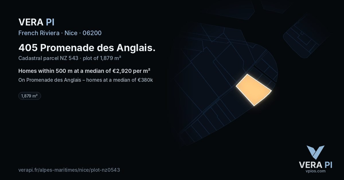 405 Promenade des Anglais, Nice at night – the plot lit, the parcels around coloured by the prices near them