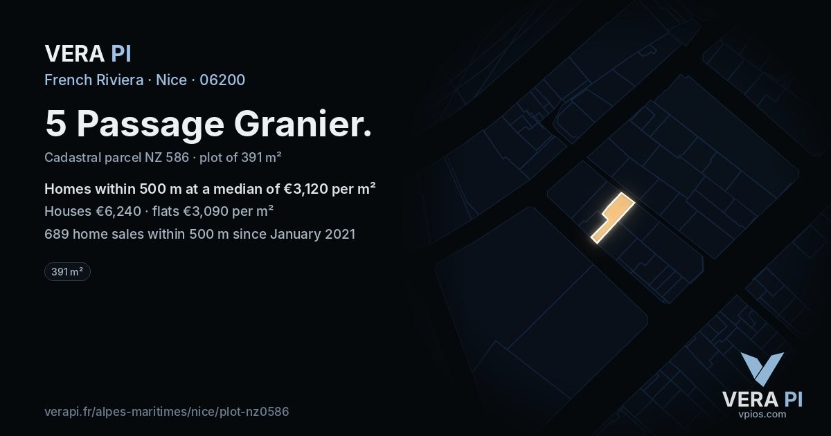 5 Passage Granier, Nice at night – the plot lit, the parcels around coloured by the prices near them