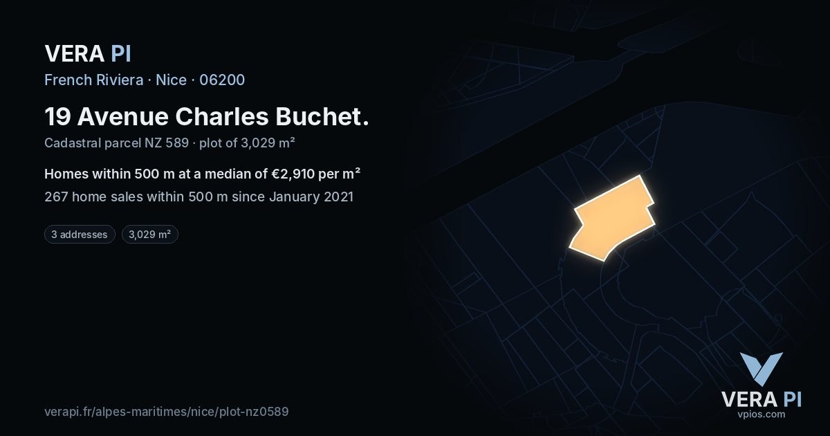 19 Avenue Charles Buchet, Nice at night – the plot lit, the parcels around coloured by the prices near them