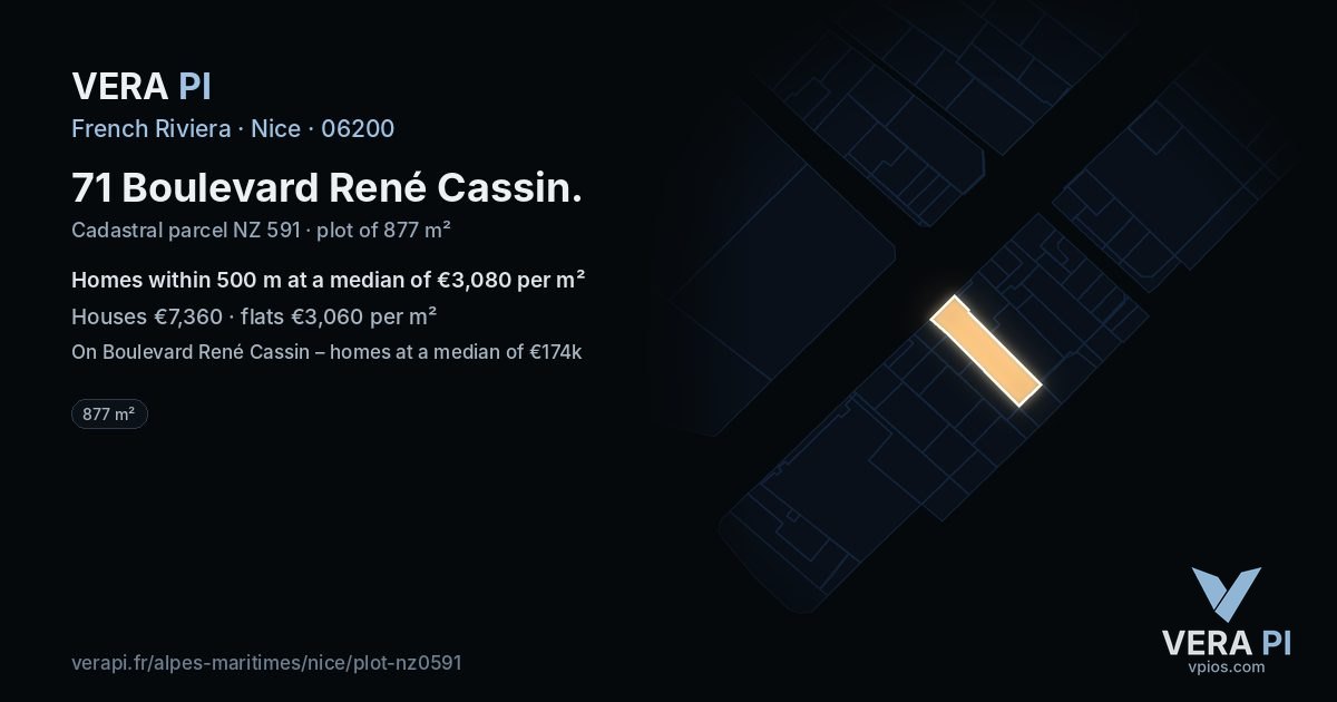 71 Boulevard René Cassin, Nice at night – the plot lit, the parcels around coloured by the prices near them