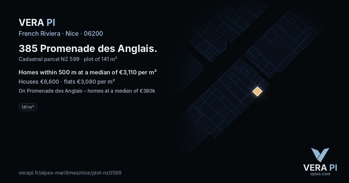 385 Promenade des Anglais, Nice at night – the plot lit, the parcels around coloured by the prices near them