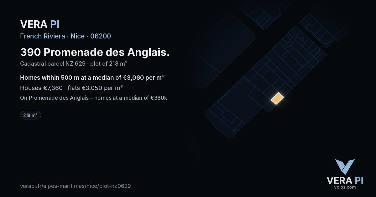 390 Promenade des Anglais, Nice at night – the plot lit, the parcels around coloured by the prices near them