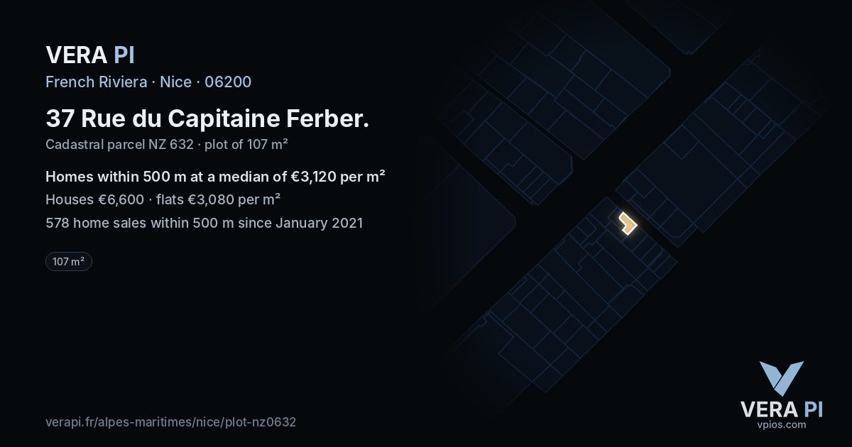 37 Rue du Capitaine Ferber, Nice at night – the plot lit, the parcels around coloured by the prices near them