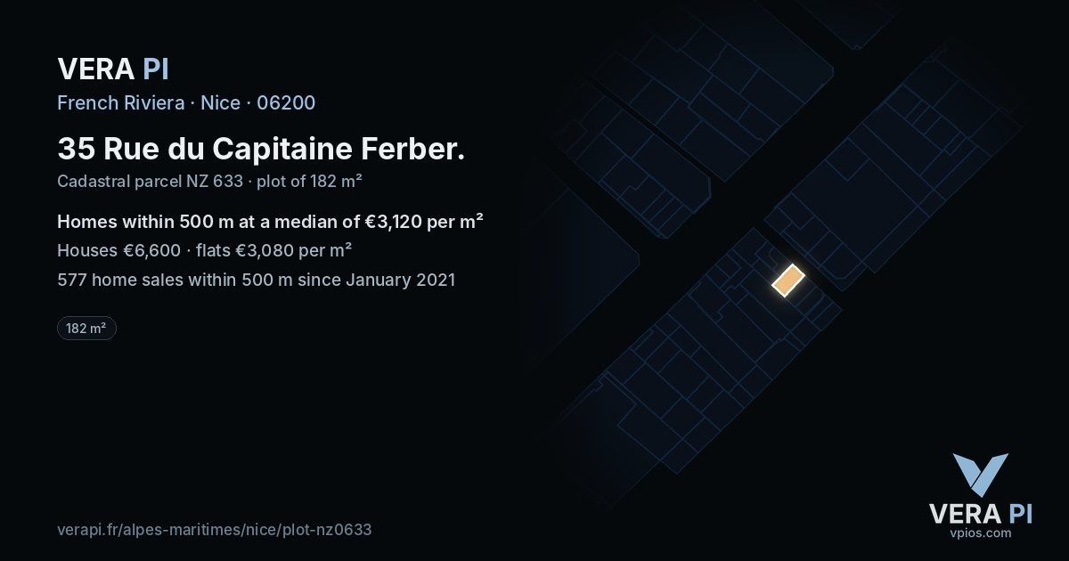 35 Rue du Capitaine Ferber, Nice at night – the plot lit, the parcels around coloured by the prices near them