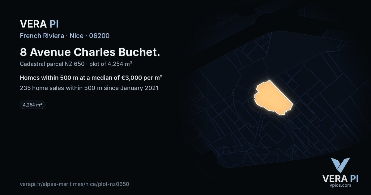 8 Avenue Charles Buchet, Nice at night – the plot lit, the parcels around coloured by the prices near them