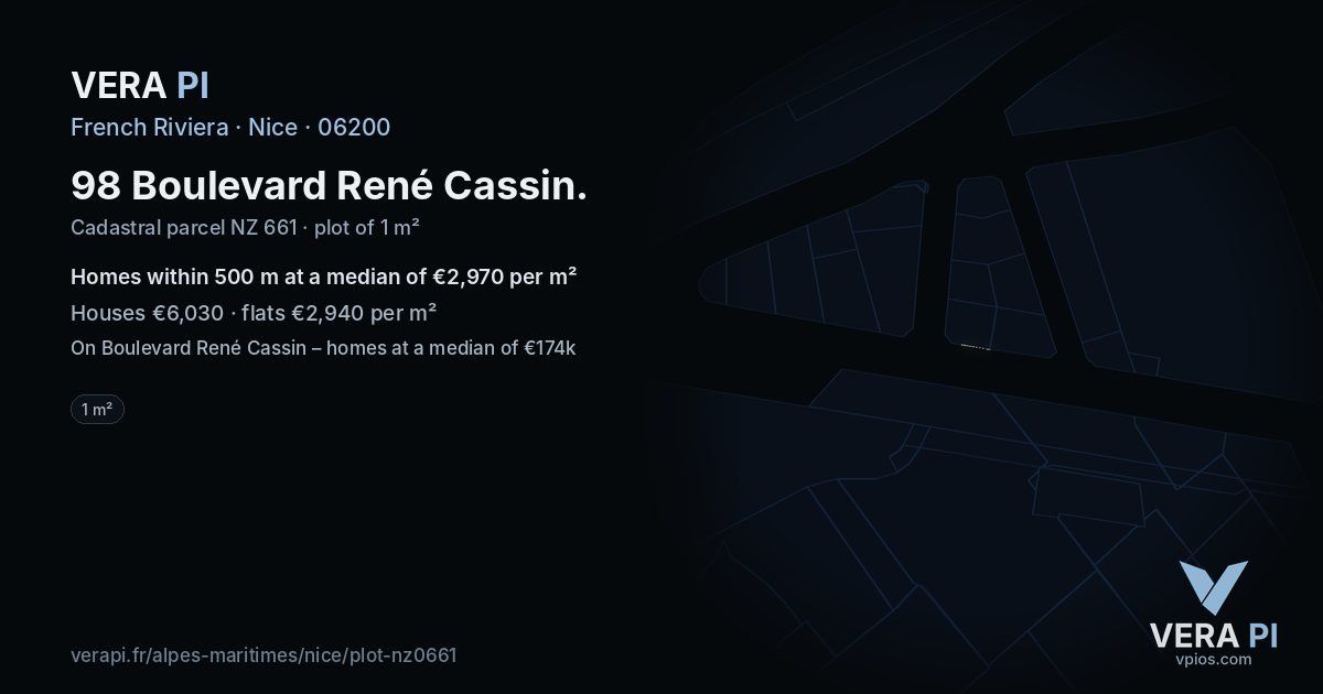 98 Boulevard René Cassin, Nice at night – the plot lit, the parcels around coloured by the prices near them