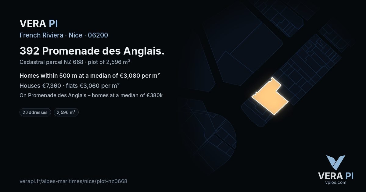 392 Promenade des Anglais, Nice at night – the plot lit, the parcels around coloured by the prices near them
