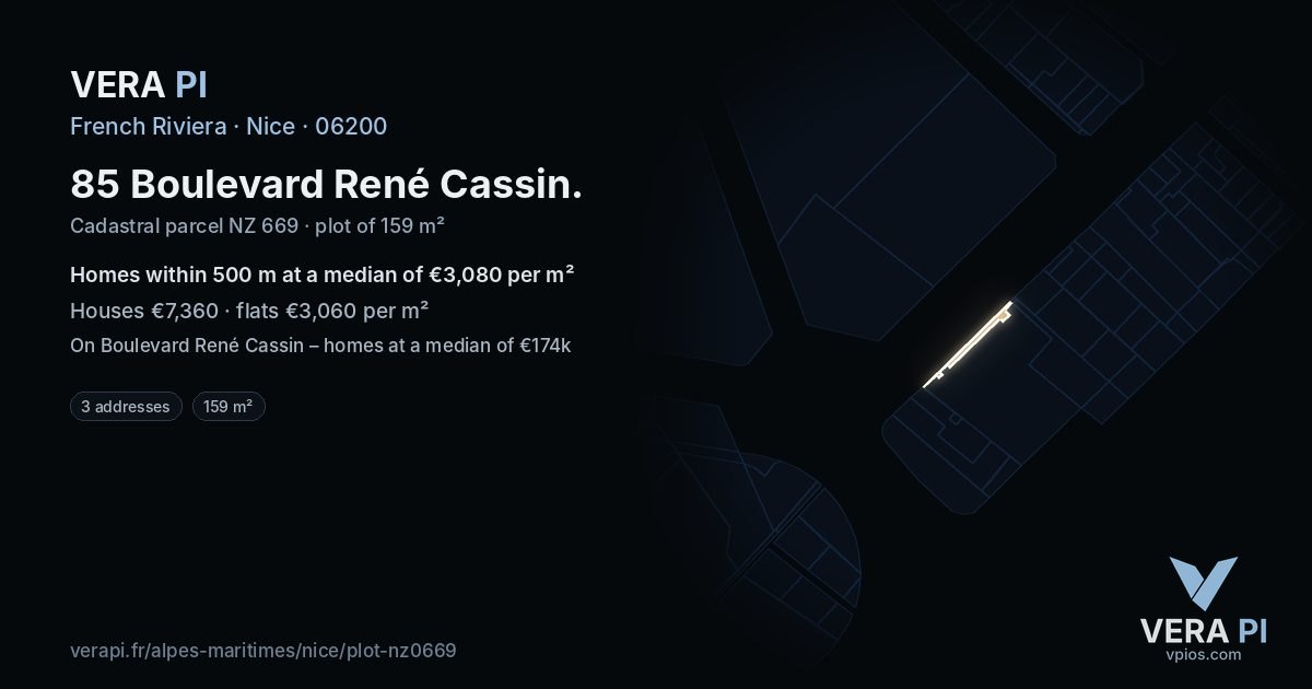85 Boulevard René Cassin, Nice at night – the plot lit, the parcels around coloured by the prices near them