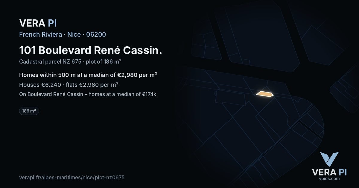 101 Boulevard René Cassin, Nice at night – the plot lit, the parcels around coloured by the prices near them