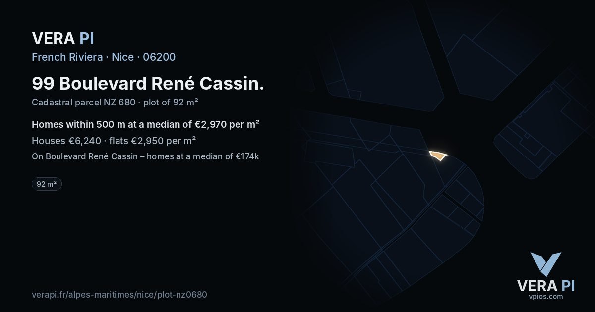 99 Boulevard René Cassin, Nice at night – the plot lit, the parcels around coloured by the prices near them