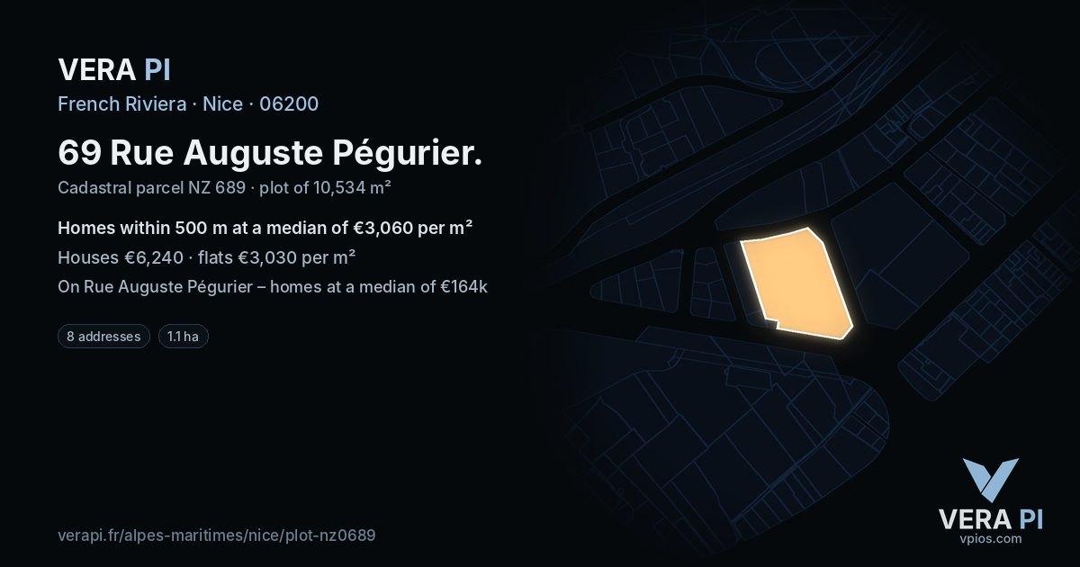 69 Rue Auguste Pégurier, Nice at night – the plot lit, the parcels around coloured by the prices near them