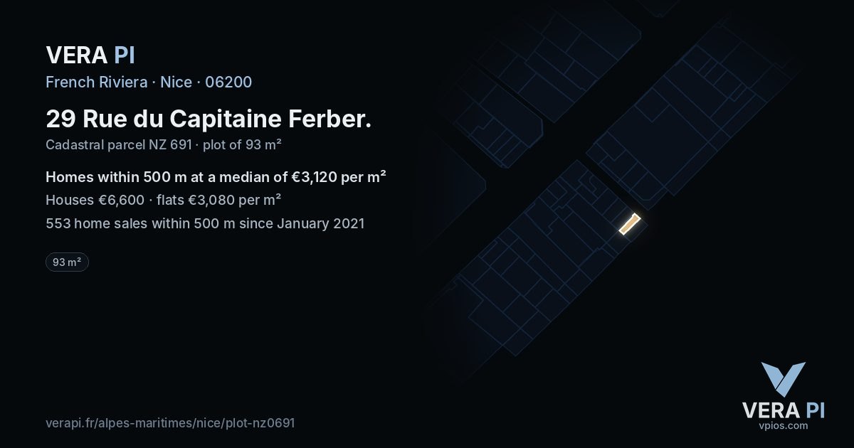 29 Rue du Capitaine Ferber, Nice at night – the plot lit, the parcels around coloured by the prices near them