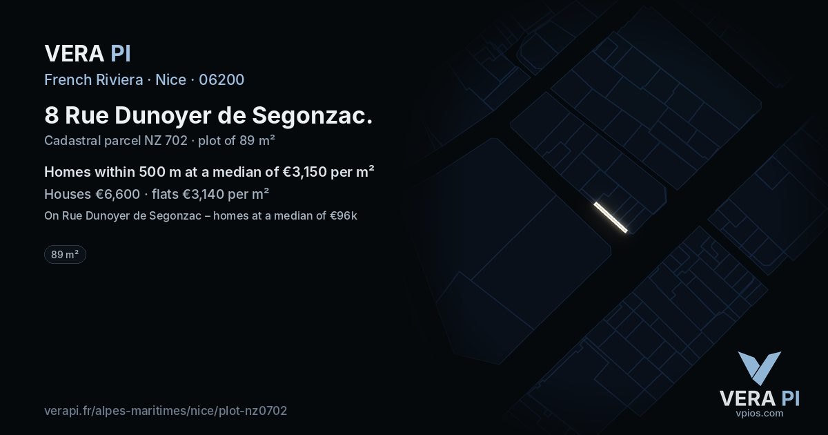 8 Rue Dunoyer de Segonzac, Nice at night – the plot lit, the parcels around coloured by the prices near them