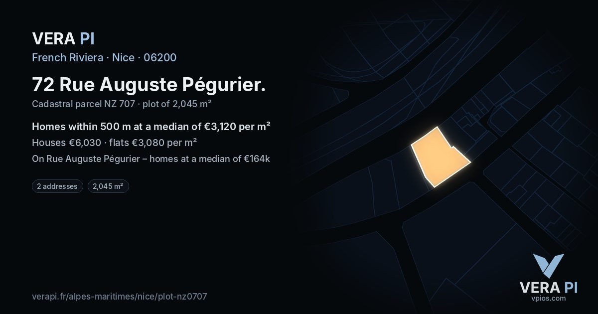 72 Rue Auguste Pégurier, Nice at night – the plot lit, the parcels around coloured by the prices near them