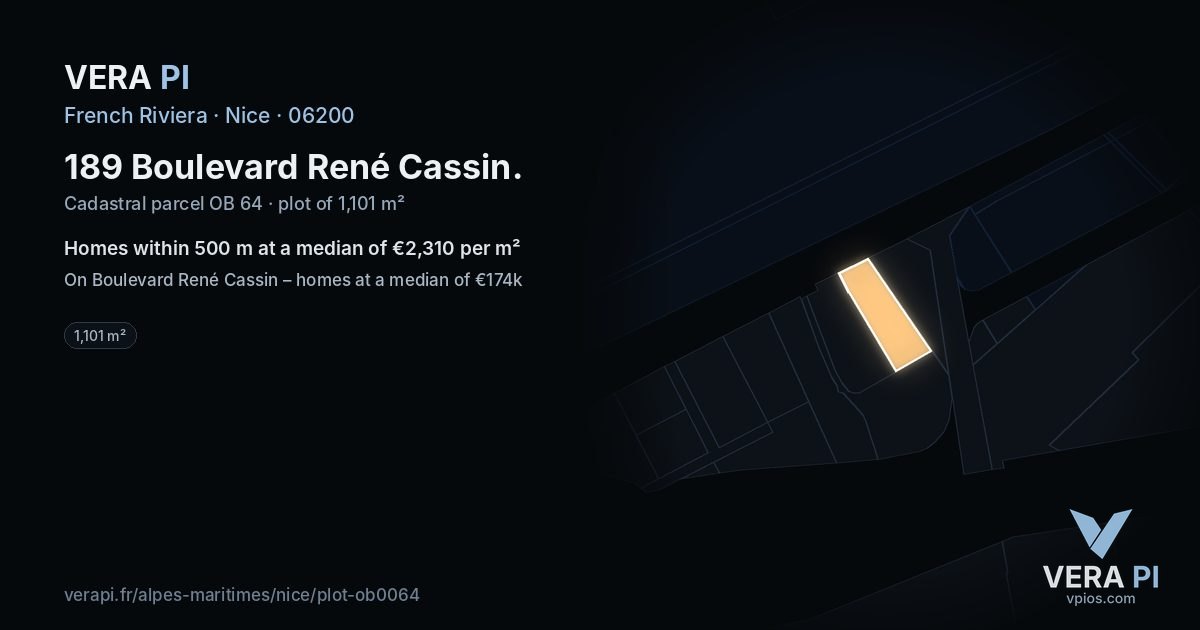 189 Boulevard René Cassin, Nice at night – the plot lit, the parcels around coloured by the prices near them