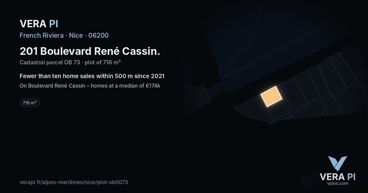 201 Boulevard René Cassin, Nice at night – the plot lit, the parcels around coloured by the prices near them