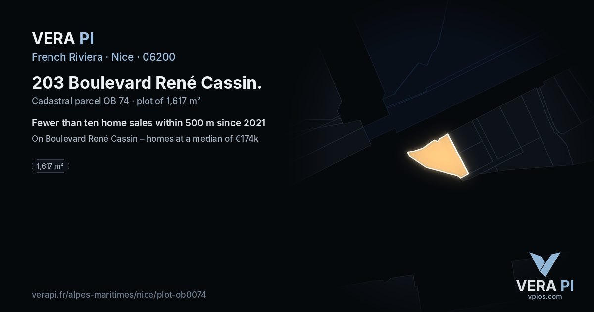 203 Boulevard René Cassin, Nice at night – the plot lit, the parcels around coloured by the prices near them