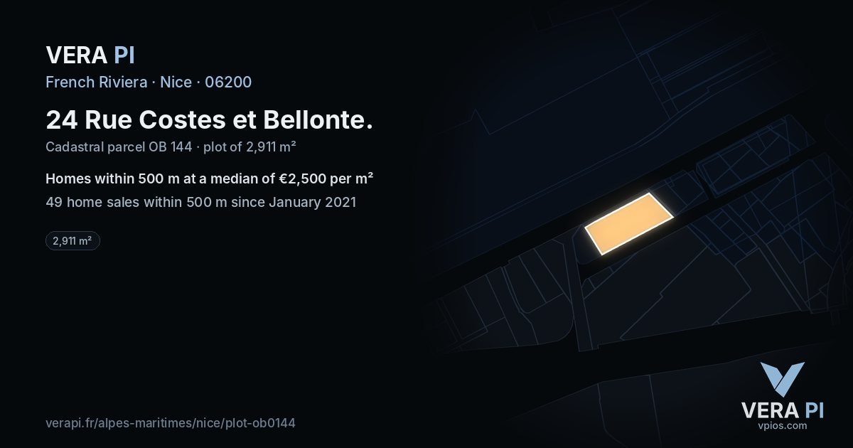 24 Rue Costes et Bellonte, Nice at night – the plot lit, the parcels around coloured by the prices near them