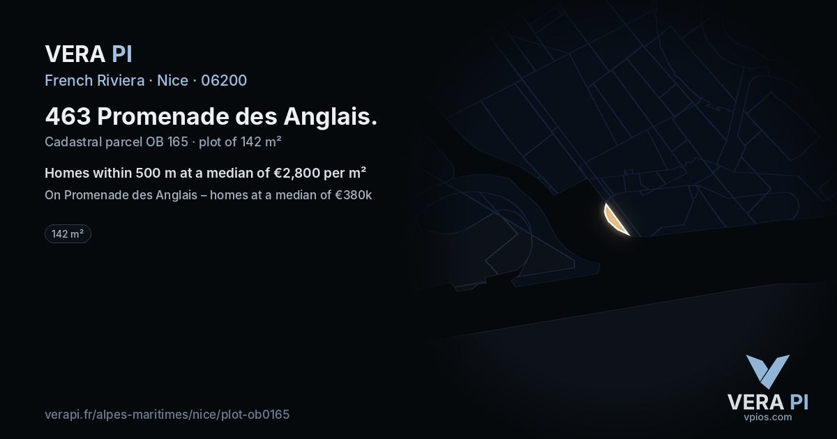 463 Promenade des Anglais, Nice at night – the plot lit, the parcels around coloured by the prices near them