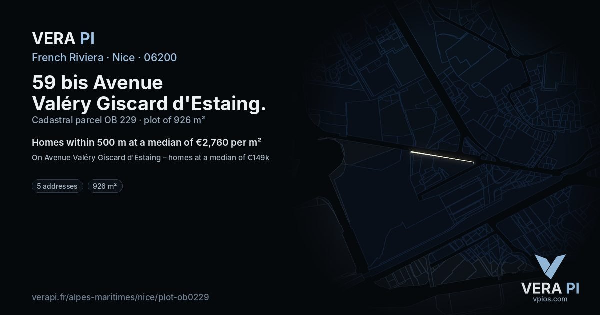 59 bis Avenue Valéry Giscard d'Estaing, Nice at night – the plot lit, the parcels around coloured by the prices near them