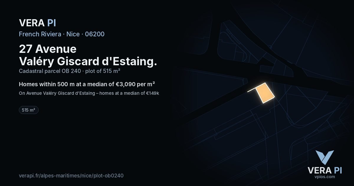 27 Avenue Valéry Giscard d'Estaing, Nice at night – the plot lit, the parcels around coloured by the prices near them