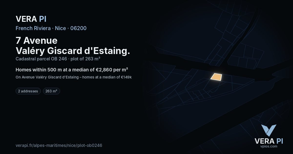 7 Avenue Valéry Giscard d'Estaing, Nice at night – the plot lit, the parcels around coloured by the prices near them