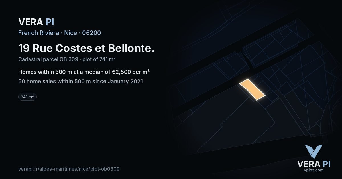 19 Rue Costes et Bellonte, Nice at night – the plot lit, the parcels around coloured by the prices near them