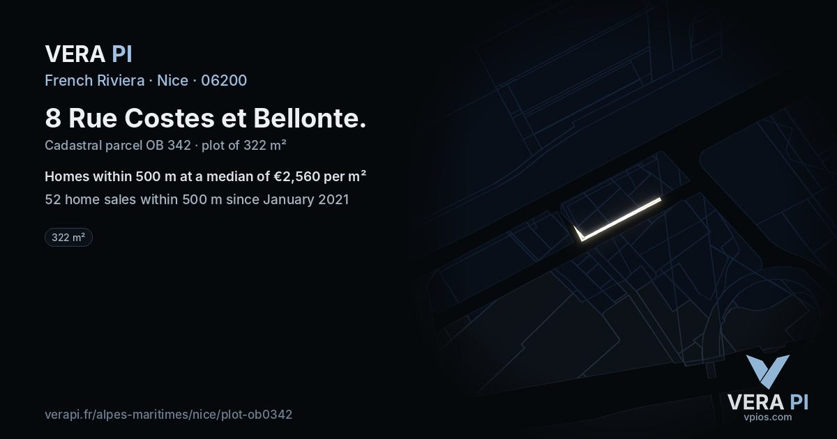 8 Rue Costes et Bellonte, Nice at night – the plot lit, the parcels around coloured by the prices near them