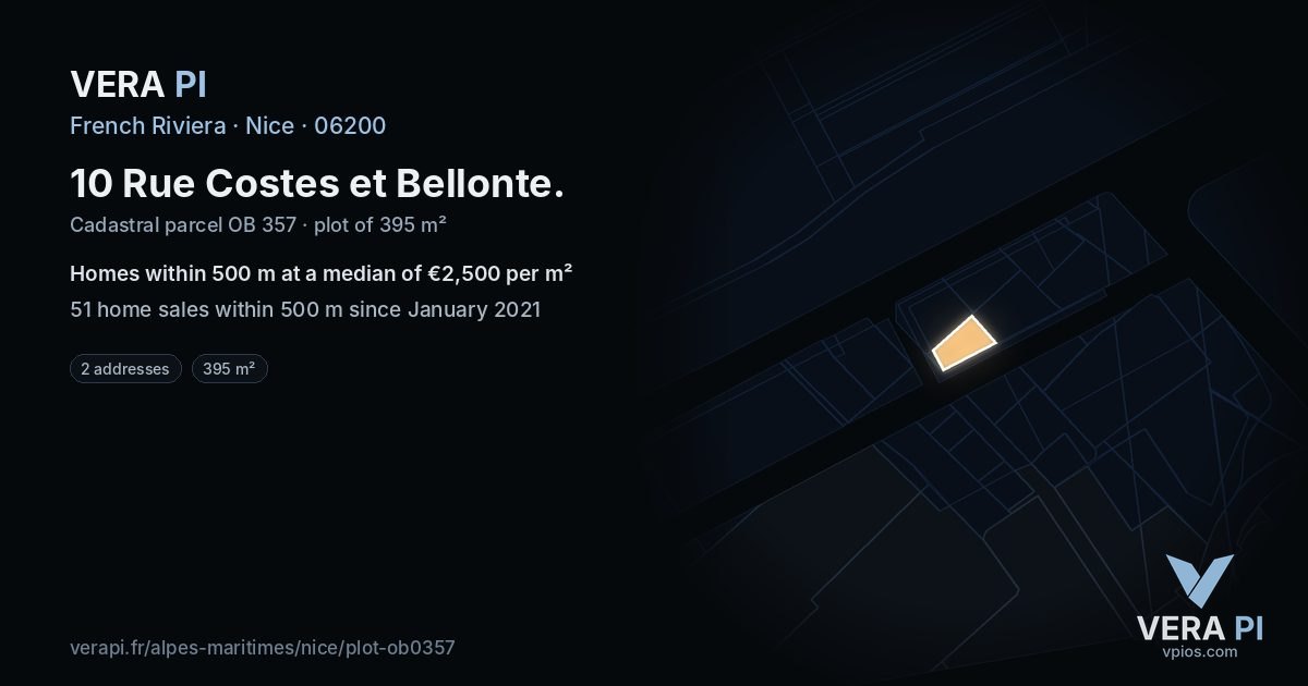 10 Rue Costes et Bellonte, Nice at night – the plot lit, the parcels around coloured by the prices near them