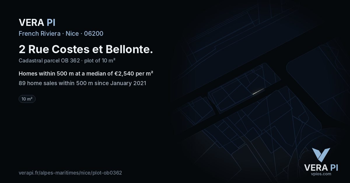 2 Rue Costes et Bellonte, Nice at night – the plot lit, the parcels around coloured by the prices near them