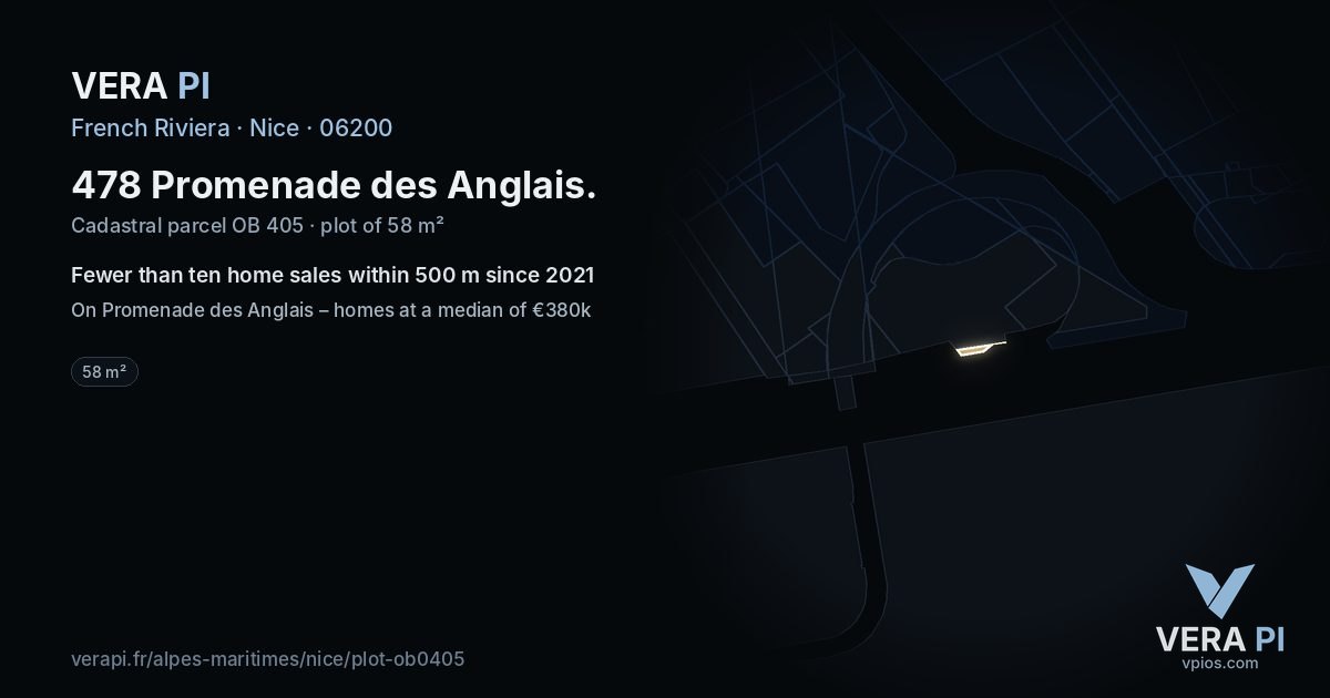 478 Promenade des Anglais, Nice at night – the plot lit, the parcels around coloured by the prices near them