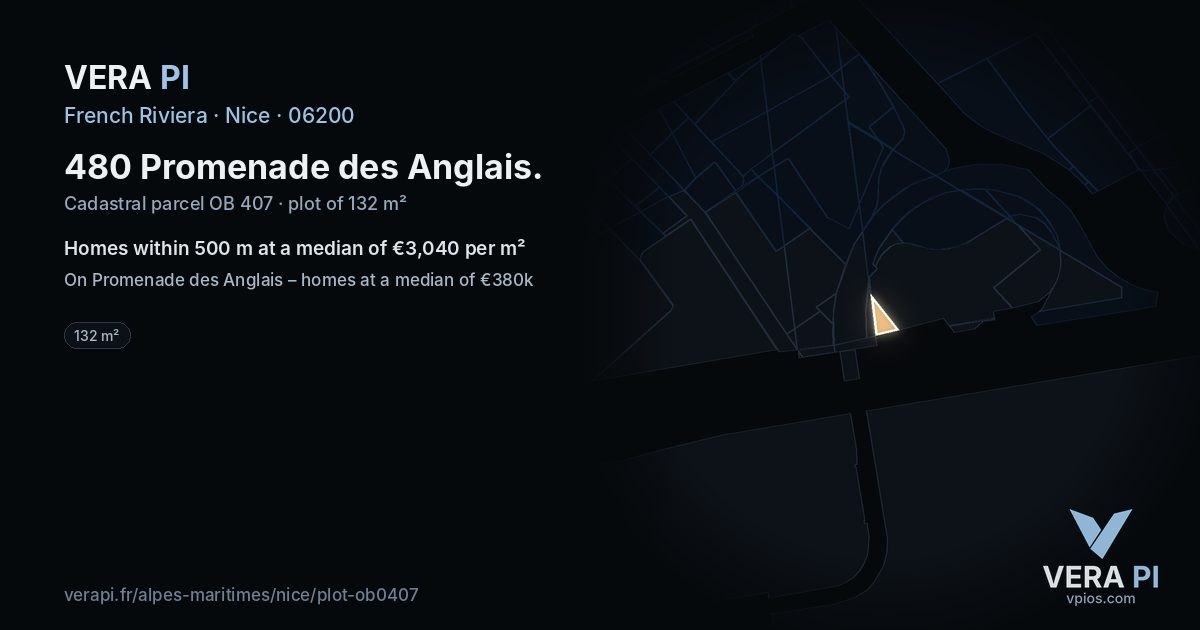 480 Promenade des Anglais, Nice at night – the plot lit, the parcels around coloured by the prices near them