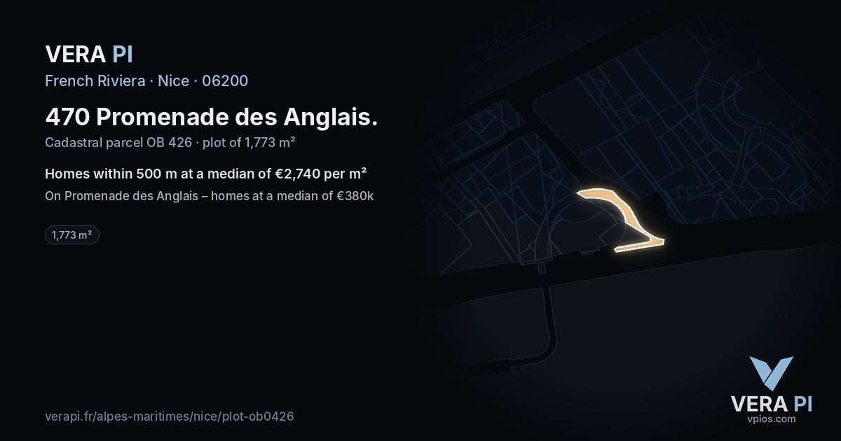 470 Promenade des Anglais, Nice at night – the plot lit, the parcels around coloured by the prices near them
