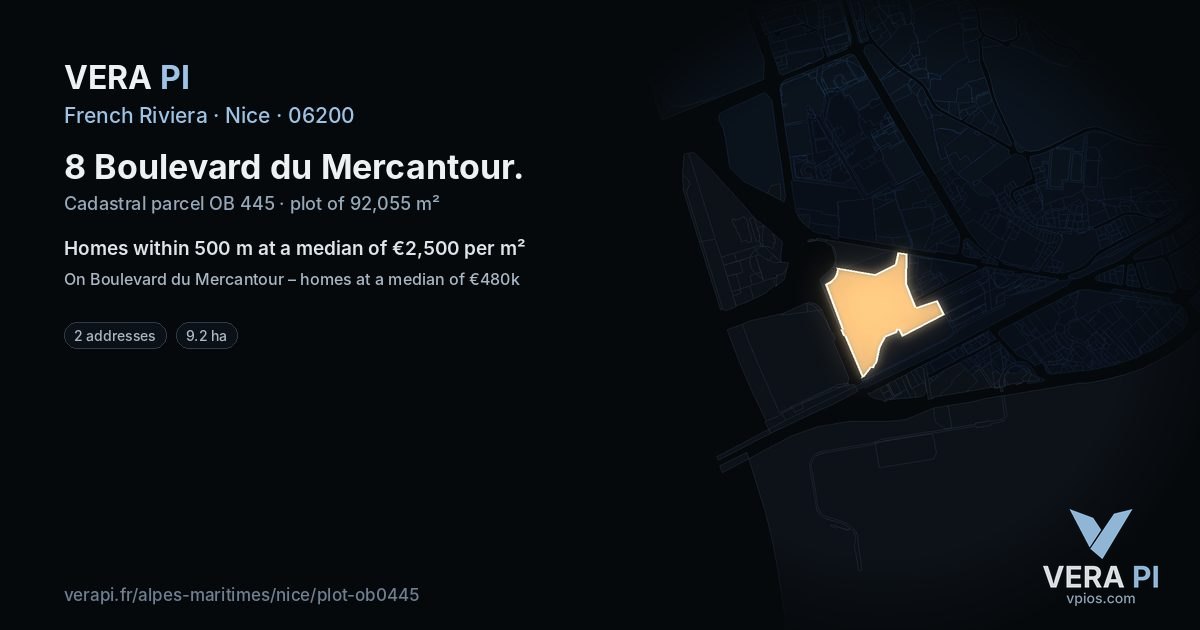 8 Boulevard du Mercantour, Nice at night – the plot lit, the parcels around coloured by the prices near them