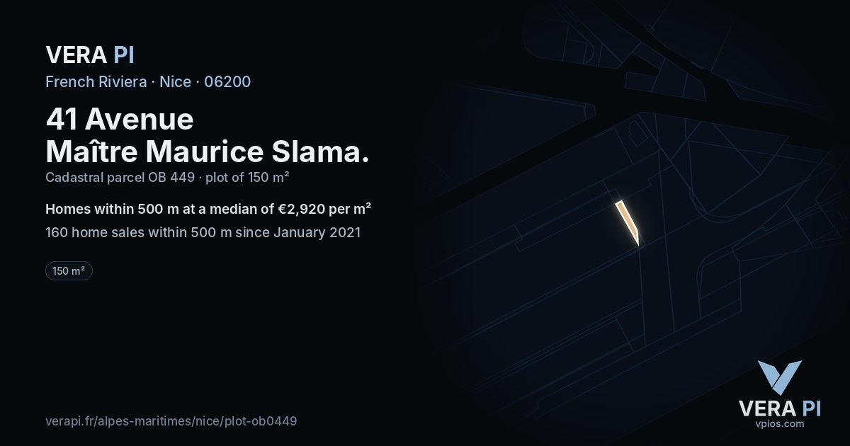 41 Avenue Maître Maurice Slama, Nice at night – the plot lit, the parcels around coloured by the prices near them