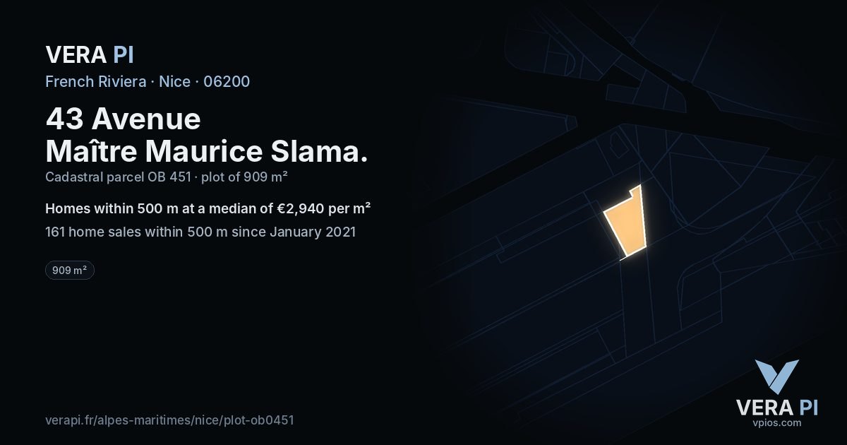 43 Avenue Maître Maurice Slama, Nice at night – the plot lit, the parcels around coloured by the prices near them