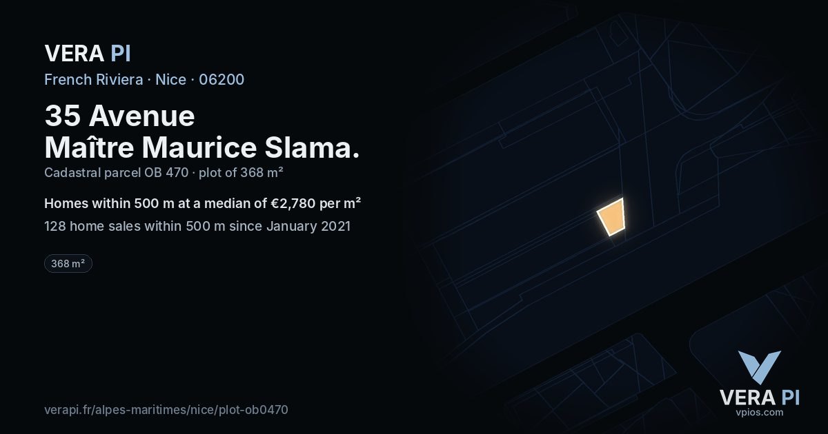 35 Avenue Maître Maurice Slama, Nice at night – the plot lit, the parcels around coloured by the prices near them
