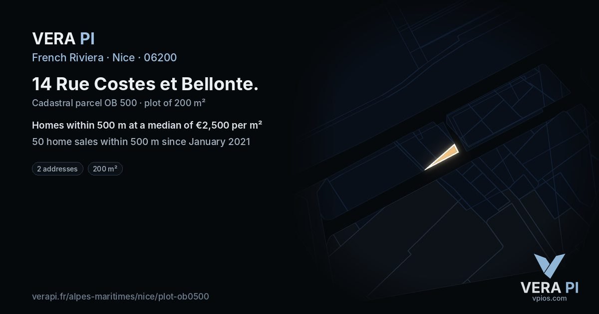 14 Rue Costes et Bellonte, Nice at night – the plot lit, the parcels around coloured by the prices near them